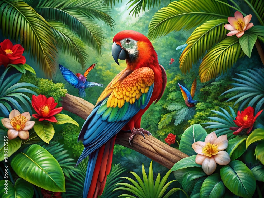 Fototapeta premium Vibrant tropical getaway scene featuring a colorful macaw perched on a hibiscus flower amidst lush greenery, exotic foliage, and a mesmerizing jungle-inspired geometric pattern.