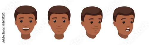 Handsome African American Man Character Face Demonstrating Emotion Vector Illustration Set