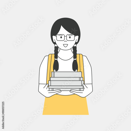 Simple flat minimalist student girl illustration carrying books wearing eyeglasses smart study education school library