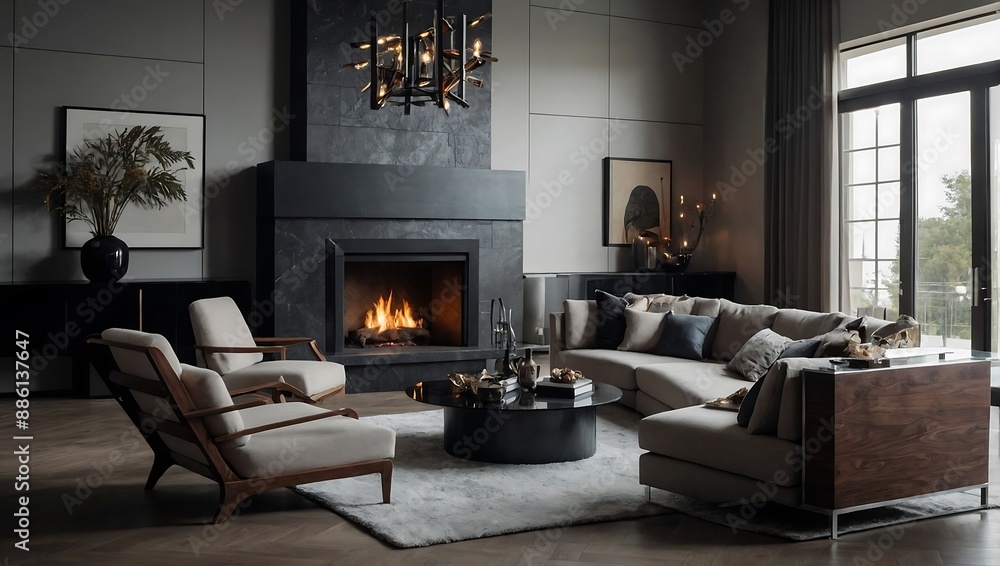 Sophisticated interior design of a living room with fireplace Sophisticated interior design of a living room with fireplace