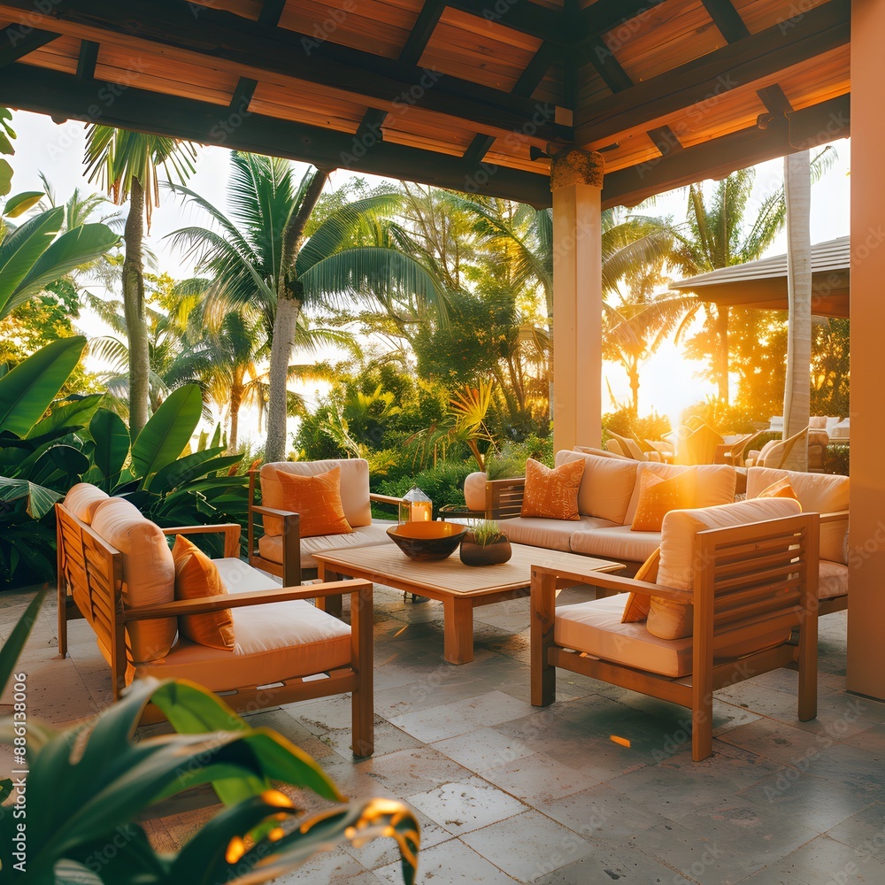 Fototapeta premium Outdoor patio with peach-colored furniture