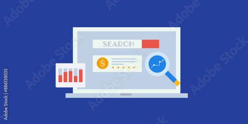 Search engine marketing. Display paid contextual website link on search result, PPC concept.