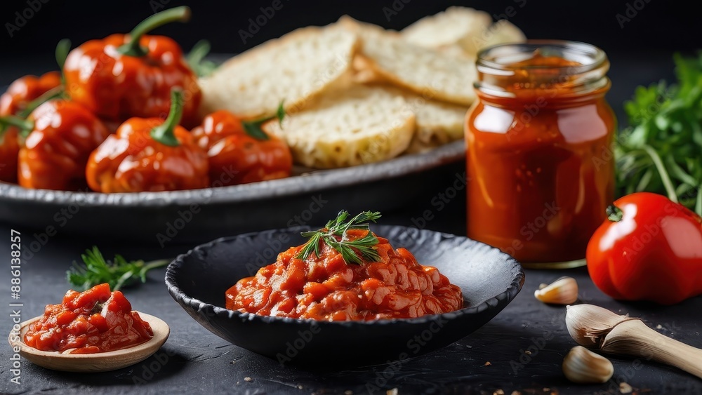 Homemade Spicy Tomato Sauce with Peppers, Garlic and Bread Homemade Spicy Tomato Sauce with Peppers, Garlic and Bread