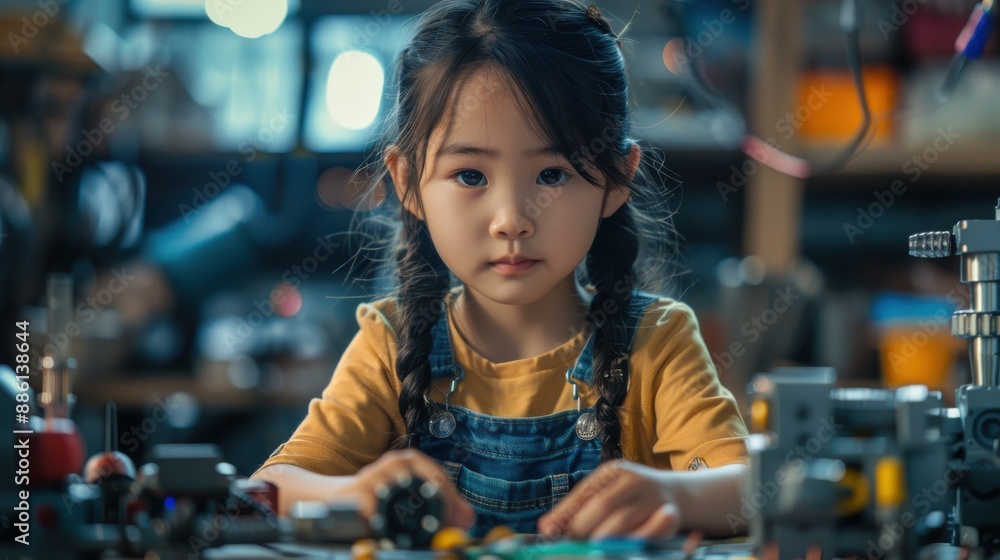 Young girl engineer working on project. Young girl engineer working on project.