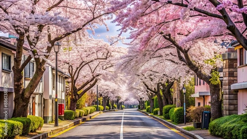 Sakura blossom lined street in Japan during spring , Japanese, traditional, cherry blossoms, trees, flower, blooming, season