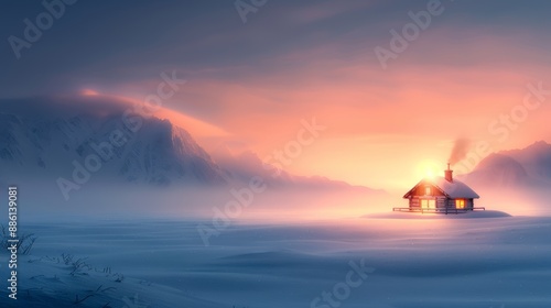 Cozy Cabin at Sunrise in Winter Landscape
