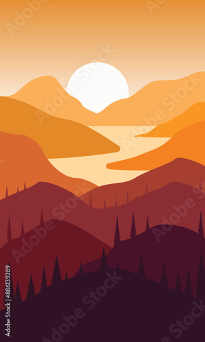 poster sun has set with autumn mountain landscape accompanied by trees and rivers