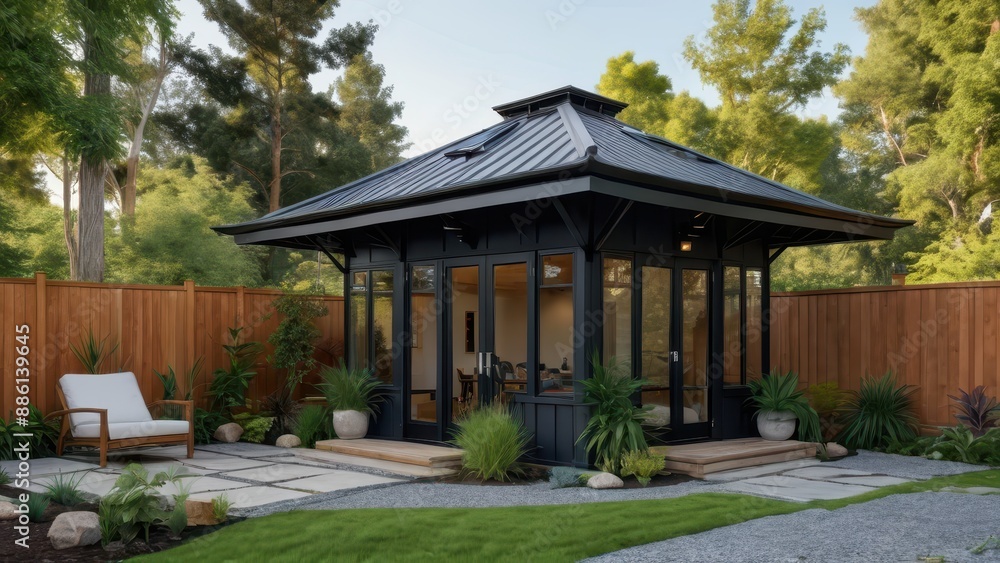 Modern Black Garden Gazebo with Stone Patio and Green Grass. Modern Black Garden Gazebo with Stone Patio and Green Grass.