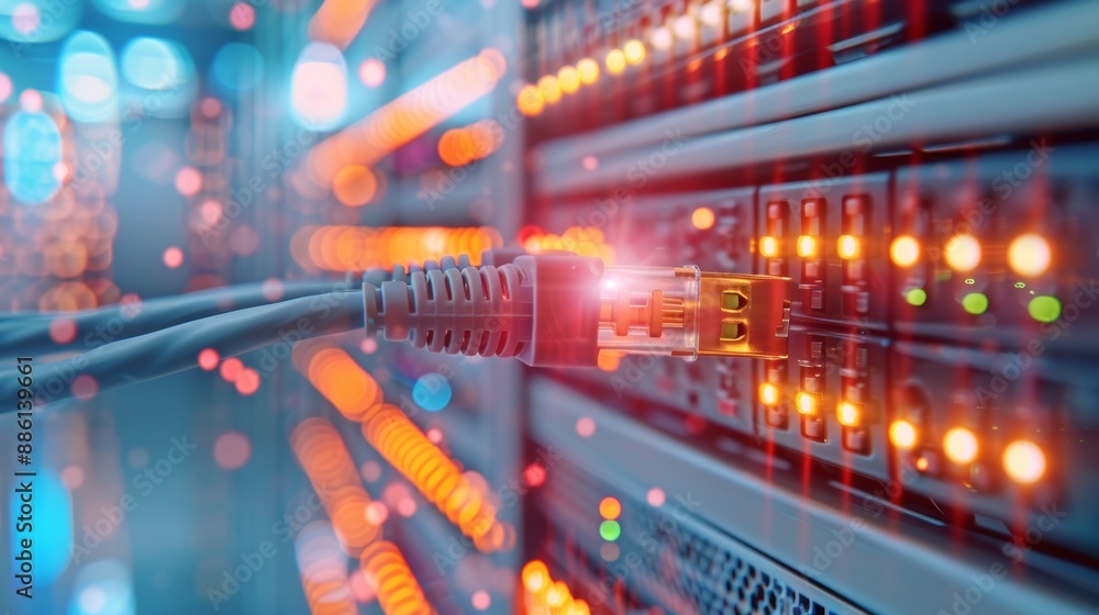 Fototapeta premium Network Cable Plugged into Server Rack