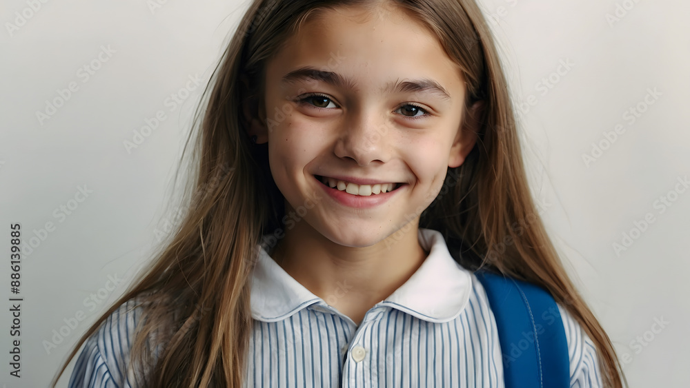 Schoolgirl with loose hair in striped blue shirt with backpack on one shoulder smiling on white background Schoolgirl with loose hair in striped blue shirt with backpack on one shoulder smiling on white background
