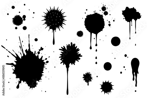 A collection of black ink splashes displayed on a solid white backdrop