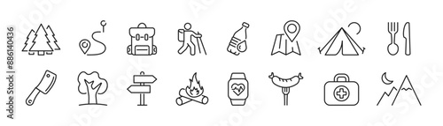 Hiking icons set. Outdoor leisure and camping, walking. Vector