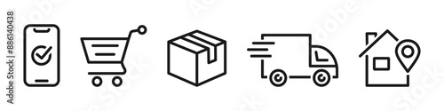 Order process concept. Shopping online and delivery icons set. Vector illustration