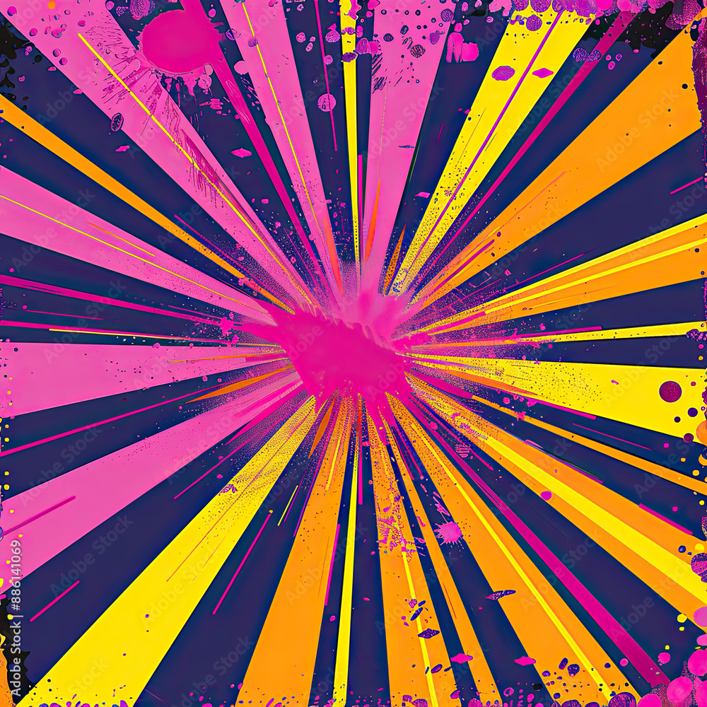 Pop art sunburst lines on yellow background. Light sun rays pattern. Vintage orange blue striped wallpaper with halftone dots for posters, banner, advertising backdrop, comic or circus scene. Pop art sunburst lines on yellow background. Light sun rays pattern. Vintage orange blue striped wallpaper with halftone dots for posters, banner, advertising backdrop, comic or circus scene.