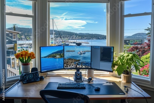 a desk with two monitors and a keyboard photo