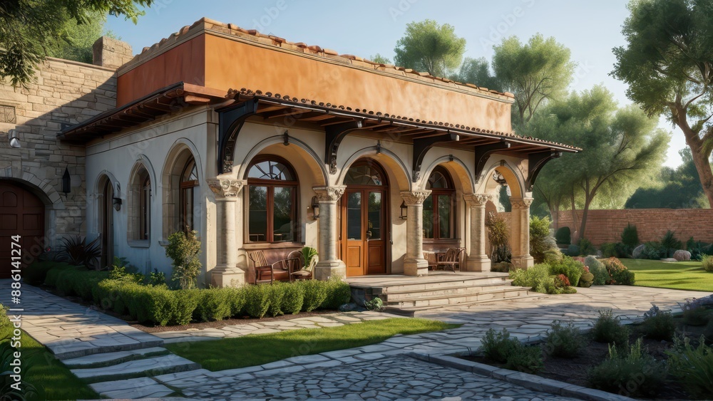 Obraz premium Tuscan Style Villa with Stone Arches and Patio.