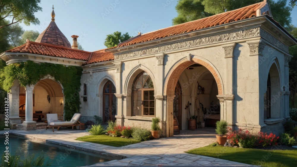 Obraz premium Luxury Villa with Swimming Pool and Arched Entrance.