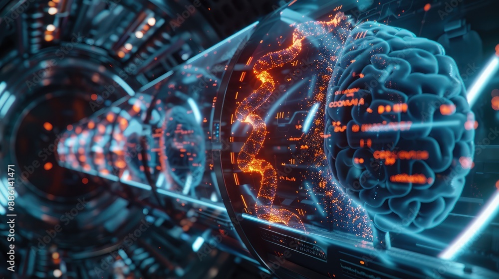 MRI scan highlighting DNA strands, analyzed with machine learning algorithms, emphasizing early detection and diagnostics MRI scan highlighting DNA strands, analyzed with machine learning algorithms, emphasizing early detection and diagnostics