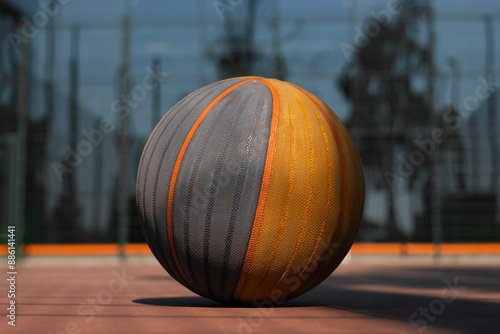 A basketball lying on a basketball court on a bright sunny day. Perfect for themes related to sports, recreation, summer activities, and outdoor fun. photo