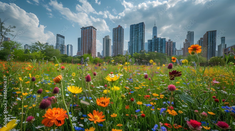 Lush urban area teeming with colorful wildflowers, representing biodiversity within the concrete jungle of a bustling city Lush urban area teeming with colorful wildflowers, representing biodiversity within the concrete jungle of a bustling city