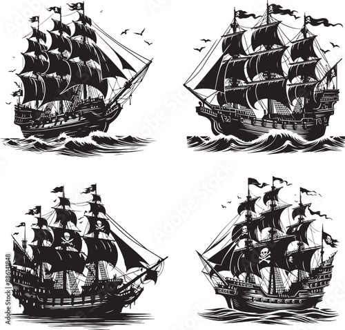 Pirrate Ship in sea black and white silhouette of vector form