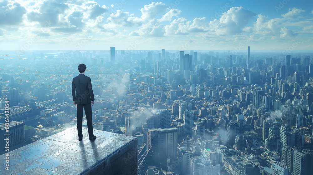 standing on the edge of a high platform or building, overlooking a sprawling cityscape. The city is densely populated with numerous skyscrapers, roads, and other urban structures standing on the edge of a high platform or building, overlooking a sprawling cityscape. The city is densely populated with numerous skyscrapers, roads, and other urban structures