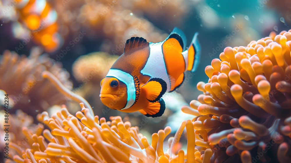 Nemo clownfish in the sea anemone. Sea anemones can create a safe home that protect clownfish from being attacked by other fish. And clownfish will clean the anemones by eating their waste. Nemo clownfish in the sea anemone. Sea anemones can create a safe home that protect clownfish from being attacked by other fish. And clownfish will clean the anemones by eating their waste.