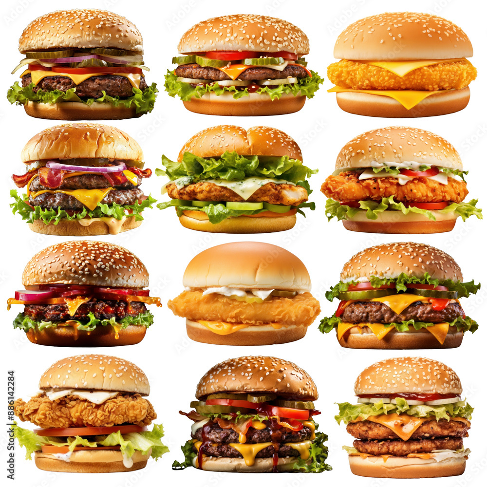 PNG burger fast food element set, transparent background PNG burger fast food element set, transparent background