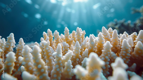 Coral bleaching; when water is too warm, corals will expel the algae (zooxanthellae) living in their tissues causing the coral to turn completely white. photo