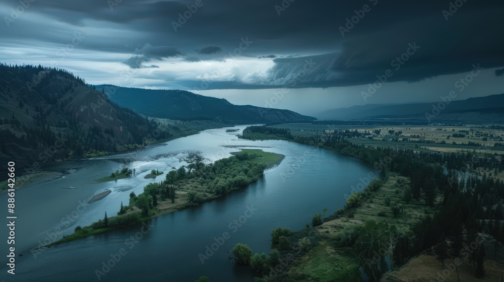 Capture an aerial view of a river with a dramatic, stormy sky, adding a sense of power and urgency to the scene Capture an aerial view of a river with a dramatic, stormy sky, adding a sense of power and urgency to the scene