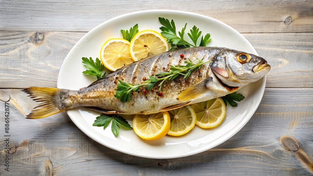 Freshly grilled fish garnished with slices of lemon and aromatic herbs on a white plate, grilled, fish, lemon, herbs, seafood Freshly grilled fish garnished with slices of lemon and aromatic herbs on a white plate, grilled, fish, lemon, herbs, seafood