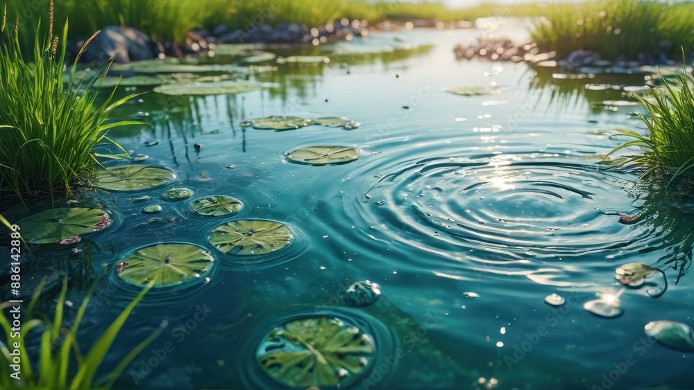 Tranquil Pond with Water Ripples and Lily Pads. Tranquil Pond with Water Ripples and Lily Pads.