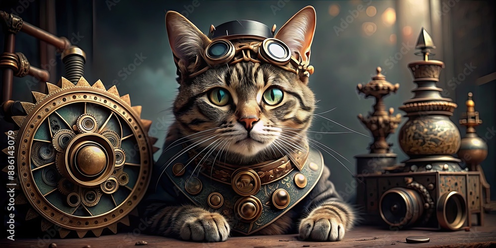 Fototapeta premium Steampunk-style cat with mechanical gears and vintage accessories, steampunk, cat, feline, animal, mechanical, gears, clockwork
