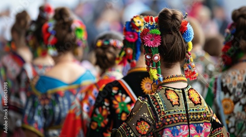 A colorful group of women wearing vibrant traditional attire with intricate patterns and floral hair accessories at a cultural event.