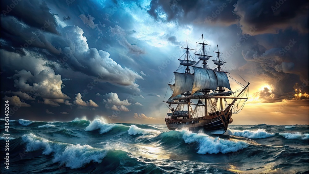 Pirate ship sailing in stormy seas, ship, ocean, adventure, pirate, sea, waves, nautical, vessel, Jolly Roger, treasure Pirate ship sailing in stormy seas, ship, ocean, adventure, pirate, sea, waves, nautical, vessel, Jolly Roger, treasure