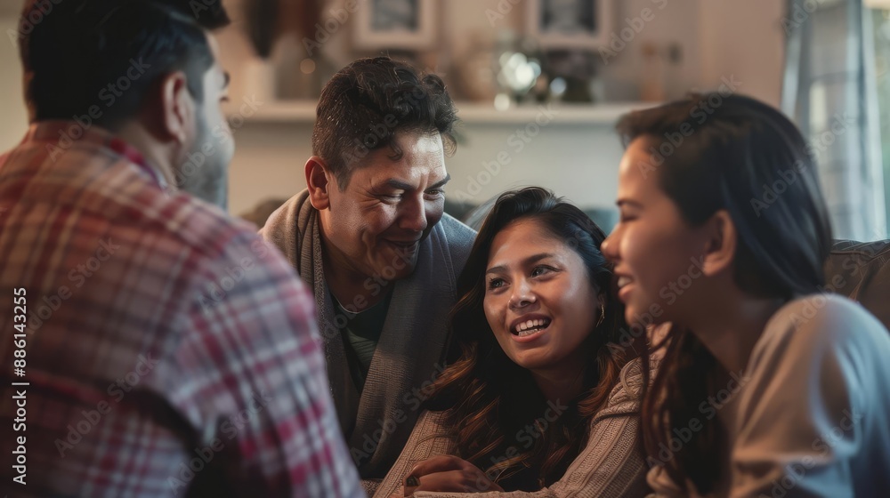 A group of friends enjoying quality time together indoors. Smiling and engaging in conversation, creating a warm and friendly atmosphere. A group of friends enjoying quality time together indoors. Smiling and engaging in conversation, creating a warm and friendly atmosphere.