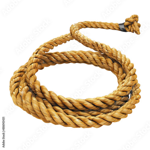 Coiled brown rope on white background, showcasing sturdy and durable hemp material, suitable for various tying and binding tasks. photo