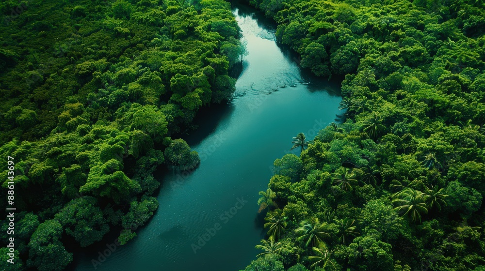 Capture an aerial view of a winding river through a dense forest, with the water reflecting the lush greenery Capture an aerial view of a winding river through a dense forest, with the water reflecting the lush greenery