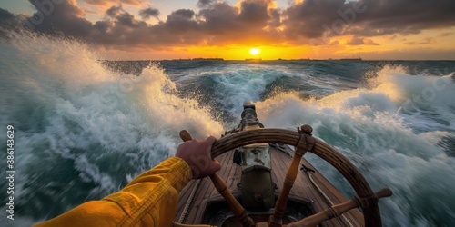 A hand on the steering wheel of an old ship, with waves crashing against it and sunset in the background. The photo was taken from a first person perspective.