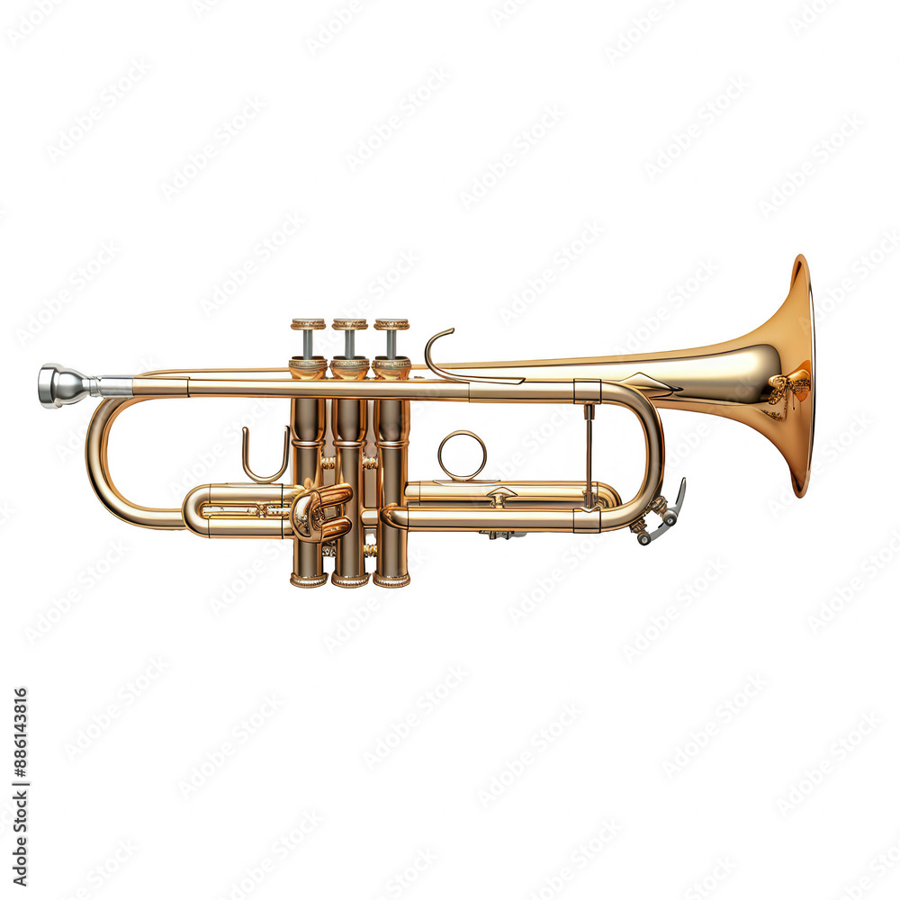 Obraz premium Golden trumpet isolated on white background. Brass musical instrument with intricate valve mechanism.