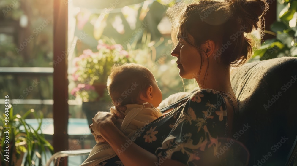 Fototapeta premium A serene moment captured as a mother holds her baby in the warm embrace of sunlight, showcasing love and tenderness in a cozy home setting.