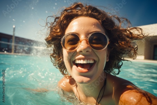 Happy woman swimming in an outdoor pool, enjoying the extreme heat photo