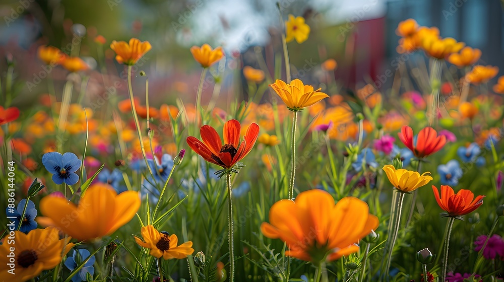 Fototapeta premium An urban green space brimming with vibrant wildflowers, highlighting the importance of biodiversity in the city center