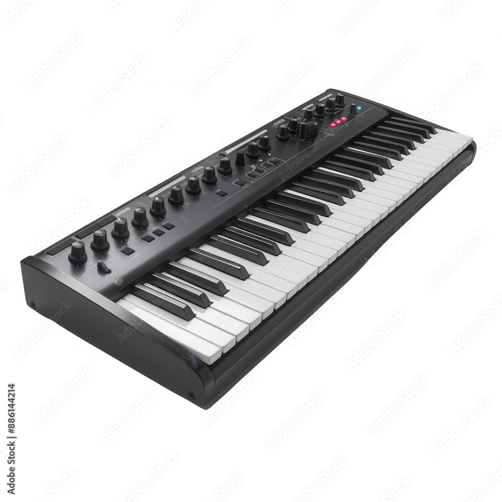 Modern keyboard synthesizer with black and white keys, featuring multiple knobs and controls for music production and performance. Modern keyboard synthesizer with black and white keys, featuring multiple knobs and controls for music production and performance.