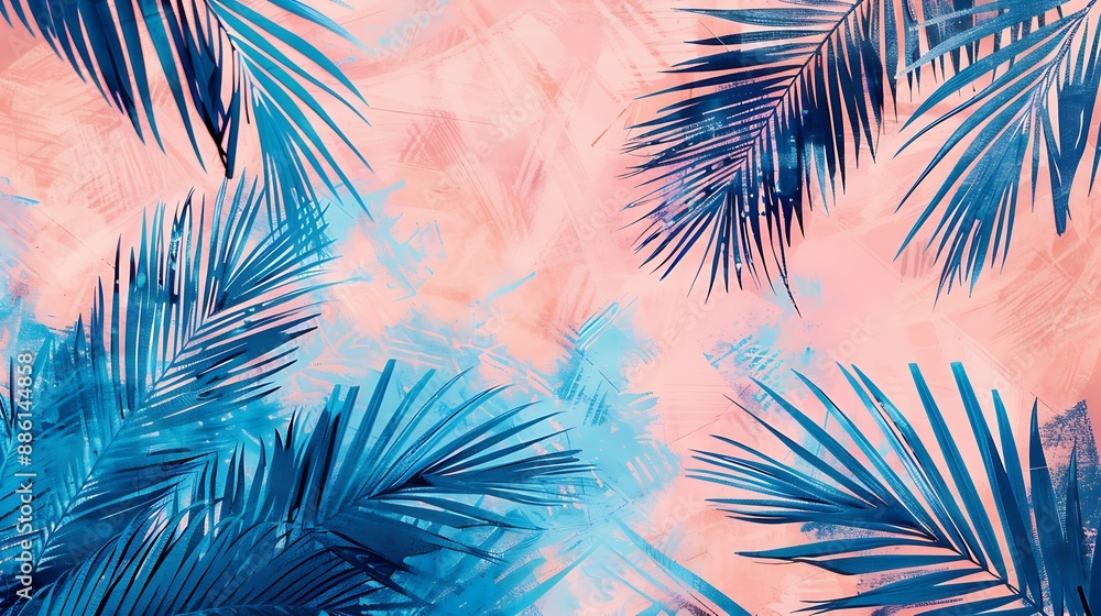 Ultra HD palm tree leaves on a peach pink and indigo blue background, minimalistic and bright Ultra HD palm tree leaves on a peach pink and indigo blue background, minimalistic and bright