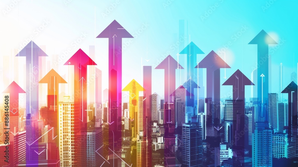 Colorful arrows pointing upwards on a blue background illustrate a concept of urban business growth Colorful arrows pointing upwards on a blue background illustrate a concept of urban business growth