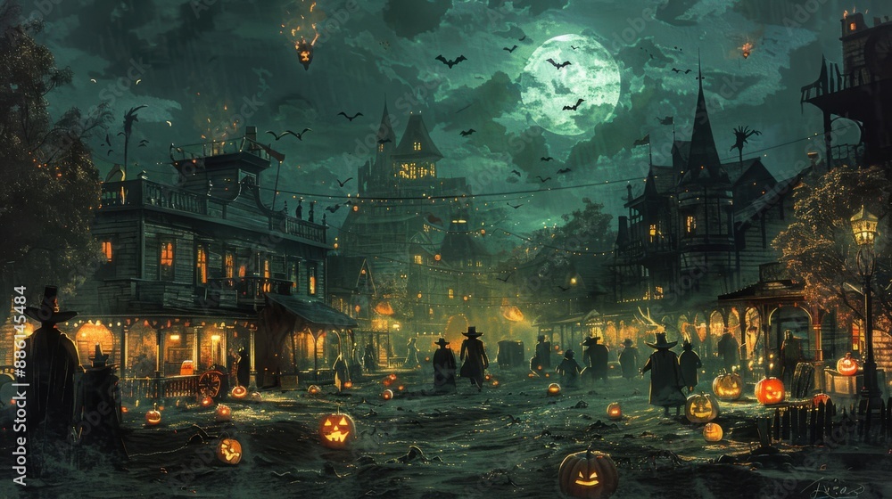 A digital painting of a haunted Wild West town under a full moon, with ghostly cowboys roaming the deserted streets. The buildings are adorned with glowing jack-o'-lanterns, and the saloon doors A digital painting of a haunted Wild West town under a full moon, with ghostly cowboys roaming the deserted streets. The buildings are adorned with glowing jack-o'-lanterns, and the saloon doors