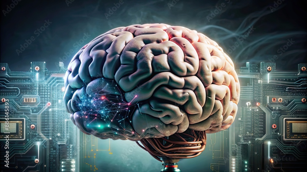 Brain connected to motherboard in abstract future technology concept , technology Brain connected to motherboard in abstract future technology concept , technology