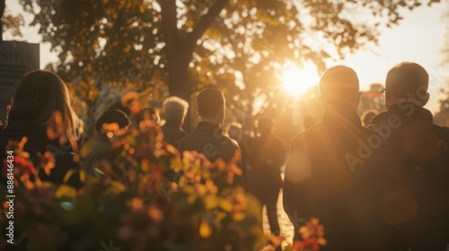 Wallpaper Mural Crowd of people enjoying a beautiful sunset in a park, surrounded by autumn foliage and warm light. Torontodigital.ca