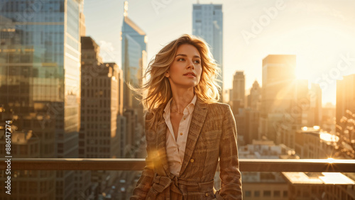 Woman standing at the forefront of an urban landscape, bathed in the golden hour sunlight. Background city skyline, multifaceted buildings reflecting sunlight, spiring architecture, windows glimmering